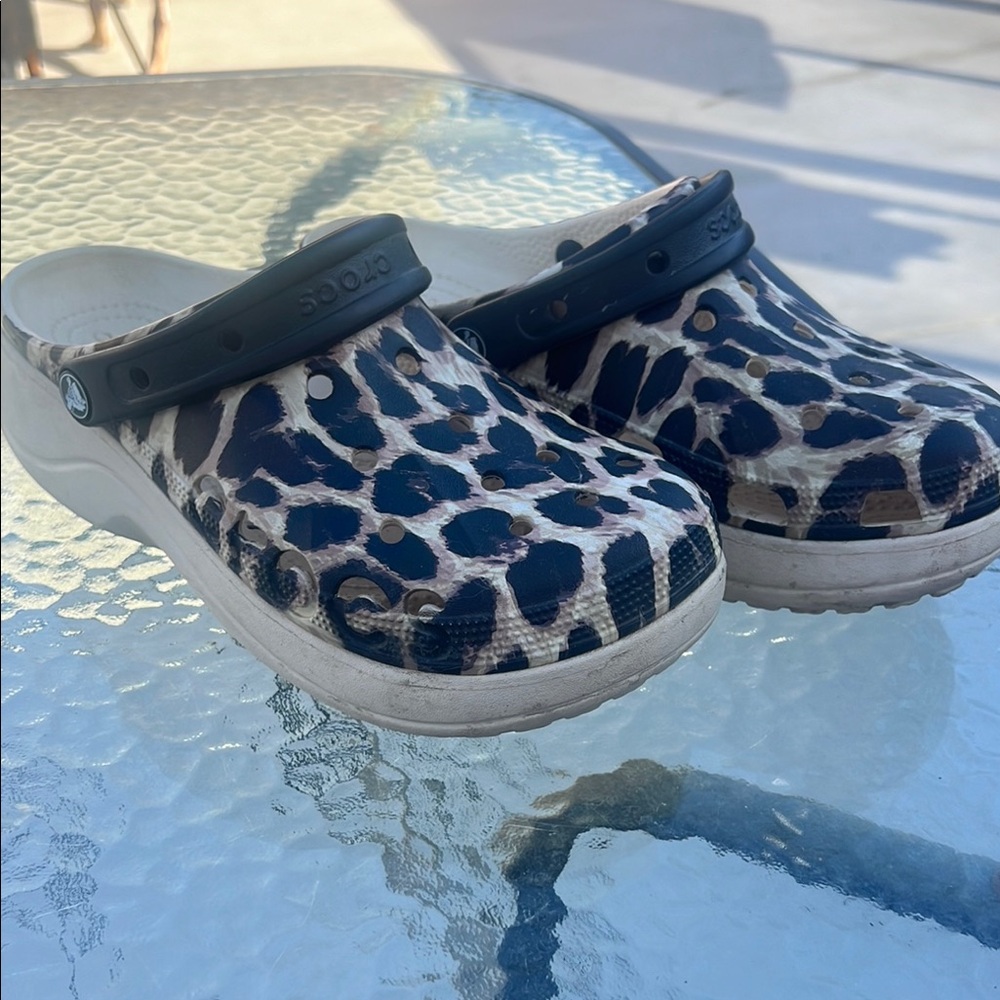 CROCS Black and White Platform Shoes with Animal Print